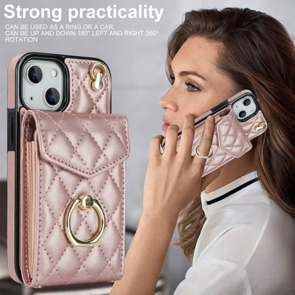 For iPhone 14 Rhombic Texture Card Bag Phone Case with Long Lanyard(Rose Gold) - iPhone 14 Cases by buy2fix | Online Shopping UK | buy2fix