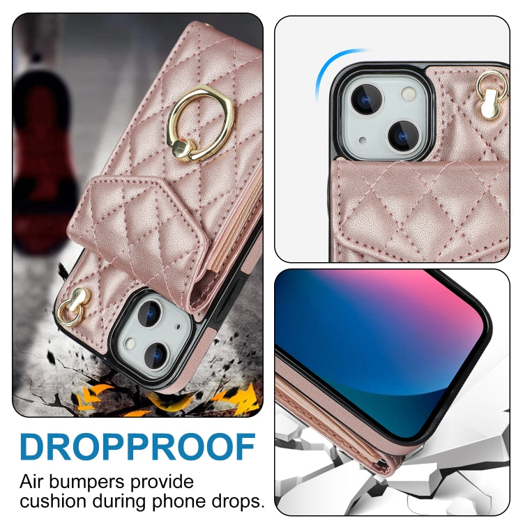 For iPhone 14 Rhombic Texture Card Bag Phone Case with Long Lanyard(Rose Gold) - iPhone 14 Cases by buy2fix | Online Shopping UK | buy2fix
