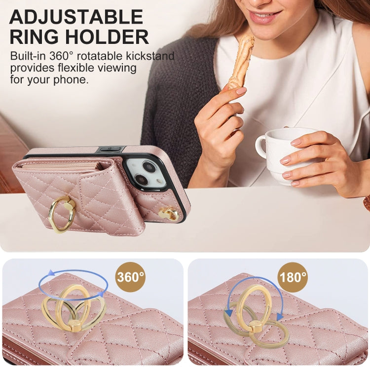 For iPhone 14 Rhombic Texture Card Bag Phone Case with Long Lanyard(Rose Gold) - iPhone 14 Cases by buy2fix | Online Shopping UK | buy2fix