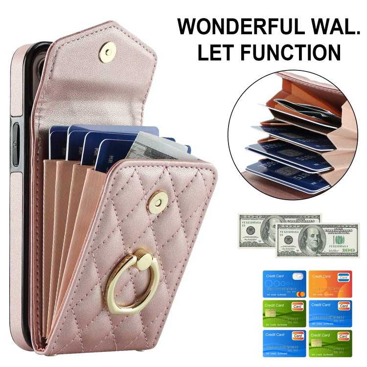For iPhone 14 Rhombic Texture Card Bag Phone Case with Long Lanyard(Rose Gold) - iPhone 14 Cases by buy2fix | Online Shopping UK | buy2fix
