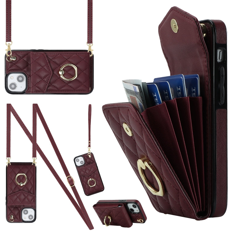 For iPhone 14 Rhombic Texture Card Bag Phone Case with Long Lanyard(Wine Red) - iPhone 14 Cases by buy2fix | Online Shopping UK | buy2fix