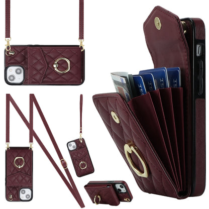 For iPhone 14 Rhombic Texture Card Bag Phone Case with Long Lanyard(Wine Red) - iPhone 14 Cases by buy2fix | Online Shopping UK | buy2fix