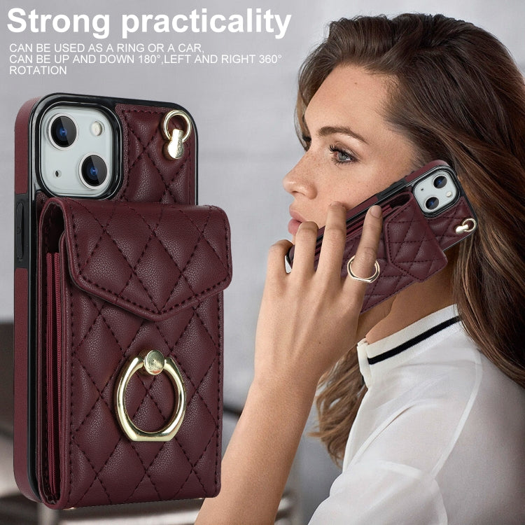 For iPhone 14 Rhombic Texture Card Bag Phone Case with Long Lanyard(Wine Red) - iPhone 14 Cases by buy2fix | Online Shopping UK | buy2fix