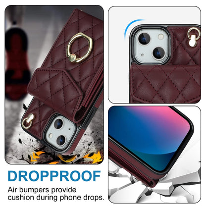 For iPhone 14 Rhombic Texture Card Bag Phone Case with Long Lanyard(Wine Red) - iPhone 14 Cases by buy2fix | Online Shopping UK | buy2fix