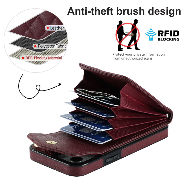 For iPhone 14 Rhombic Texture Card Bag Phone Case with Long Lanyard(Wine Red) - iPhone 14 Cases by buy2fix | Online Shopping UK | buy2fix