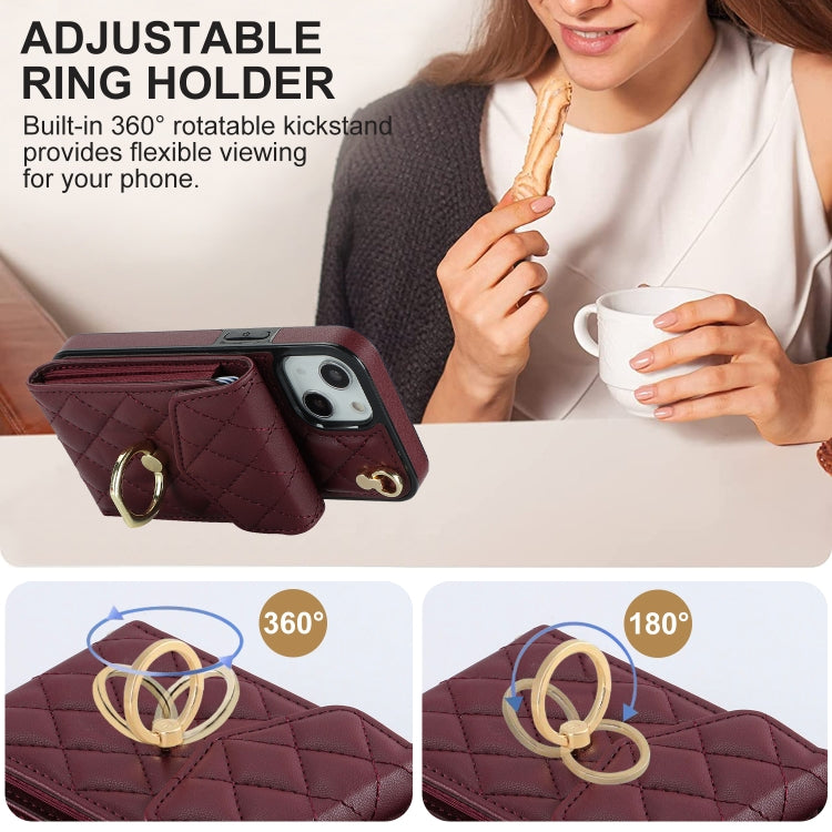 For iPhone 14 Rhombic Texture Card Bag Phone Case with Long Lanyard(Wine Red) - iPhone 14 Cases by buy2fix | Online Shopping UK | buy2fix