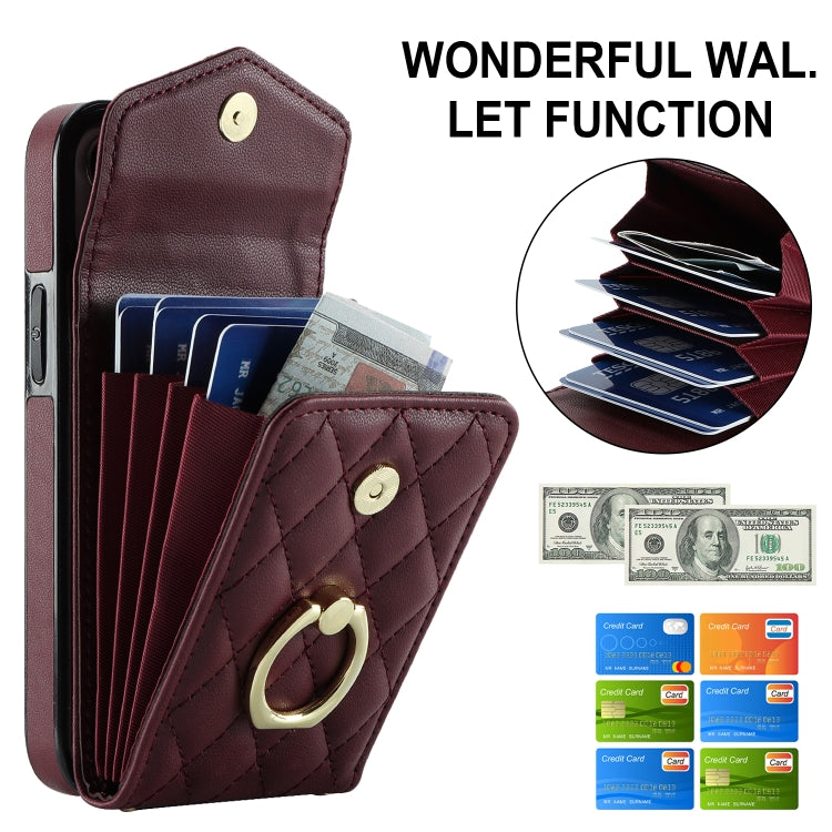 For iPhone 14 Rhombic Texture Card Bag Phone Case with Long Lanyard(Wine Red) - iPhone 14 Cases by buy2fix | Online Shopping UK | buy2fix