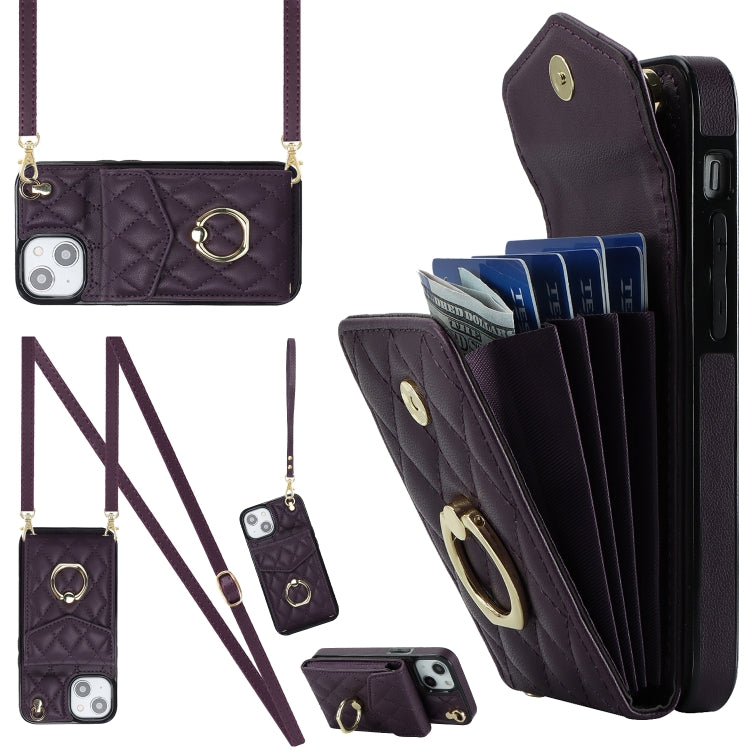 For iPhone 14 Rhombic Texture Card Bag Phone Case with Long Lanyard(Dark Purple) - iPhone 14 Cases by buy2fix | Online Shopping UK | buy2fix