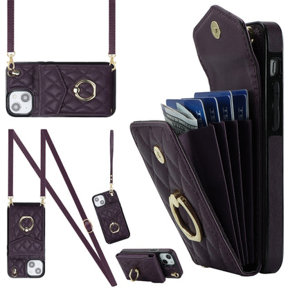 For iPhone 14 Rhombic Texture Card Bag Phone Case with Long Lanyard(Dark Purple) - iPhone 14 Cases by buy2fix | Online Shopping UK | buy2fix