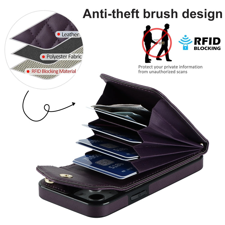 For iPhone 14 Rhombic Texture Card Bag Phone Case with Long Lanyard(Dark Purple) - iPhone 14 Cases by buy2fix | Online Shopping UK | buy2fix