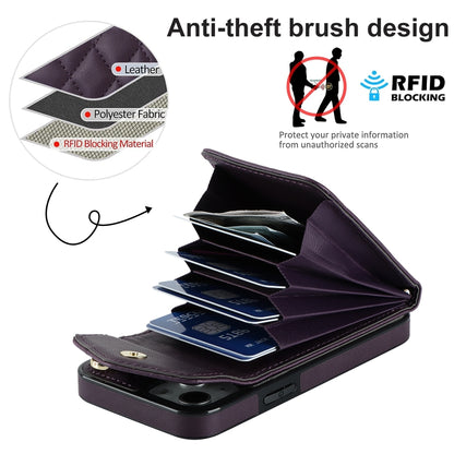 For iPhone 14 Rhombic Texture Card Bag Phone Case with Long Lanyard(Dark Purple) - iPhone 14 Cases by buy2fix | Online Shopping UK | buy2fix