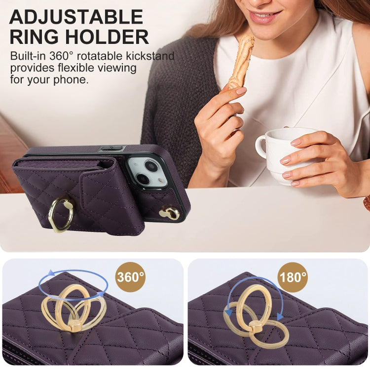 For iPhone 14 Rhombic Texture Card Bag Phone Case with Long Lanyard(Dark Purple) - iPhone 14 Cases by buy2fix | Online Shopping UK | buy2fix