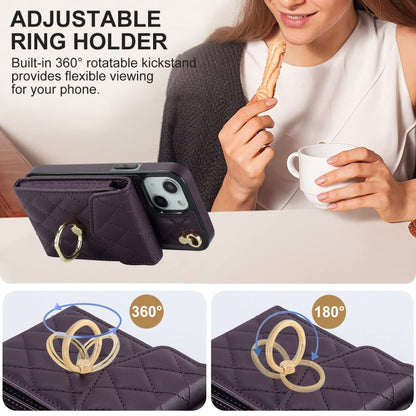 For iPhone 14 Rhombic Texture Card Bag Phone Case with Long Lanyard(Dark Purple) - iPhone 14 Cases by buy2fix | Online Shopping UK | buy2fix