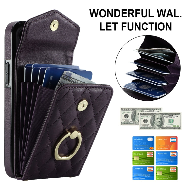 For iPhone 14 Rhombic Texture Card Bag Phone Case with Long Lanyard(Dark Purple) - iPhone 14 Cases by buy2fix | Online Shopping UK | buy2fix