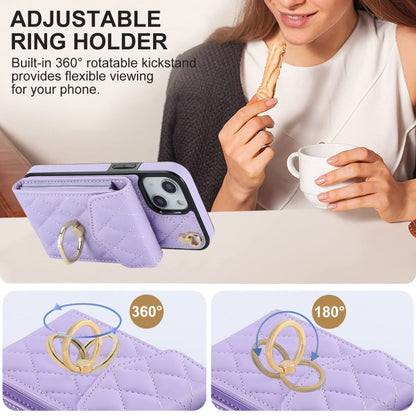 For iPhone 14 Rhombic Texture Card Bag Phone Case with Long Lanyard(Light Purple) - iPhone 14 Cases by buy2fix | Online Shopping UK | buy2fix