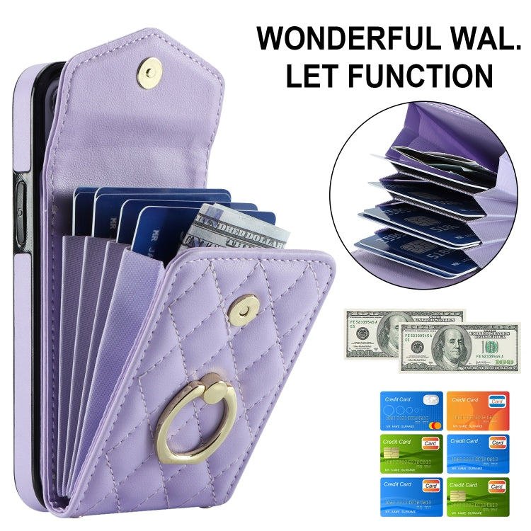 For iPhone 14 Rhombic Texture Card Bag Phone Case with Long Lanyard(Light Purple) - iPhone 14 Cases by buy2fix | Online Shopping UK | buy2fix