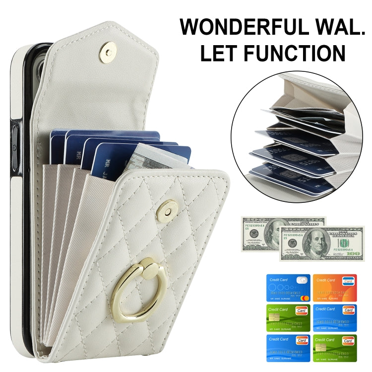 For iPhone 13 Rhombic Texture Card Bag Phone Case with Long Lanyard(White) - iPhone 13 Cases by buy2fix | Online Shopping UK | buy2fix