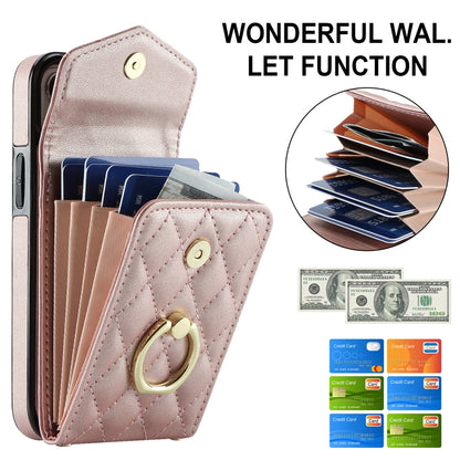 For iPhone 13 Rhombic Texture Card Bag Phone Case with Long Lanyard(Rose Gold) - iPhone 13 Cases by buy2fix | Online Shopping UK | buy2fix