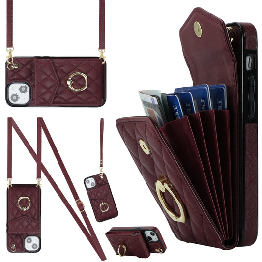 For iPhone 13 Rhombic Texture Card Bag Phone Case with Long Lanyard(Wine Red) - iPhone 13 Cases by buy2fix | Online Shopping UK | buy2fix