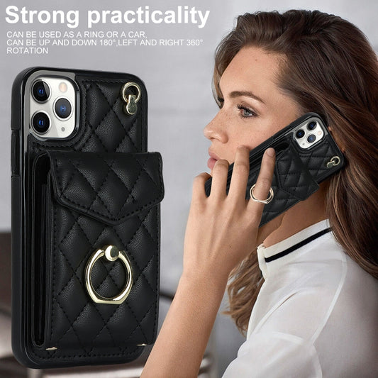 For iPhone 11 Pro Max Rhombic Texture Card Bag Phone Case with Long Lanyard(Black) - iPhone 11 Pro Max Cases by buy2fix | Online Shopping UK | buy2fix