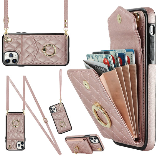 For iPhone 11 Pro Max Rhombic Texture Card Bag Phone Case with Long Lanyard(Rose Gold) - iPhone 11 Pro Max Cases by buy2fix | Online Shopping UK | buy2fix