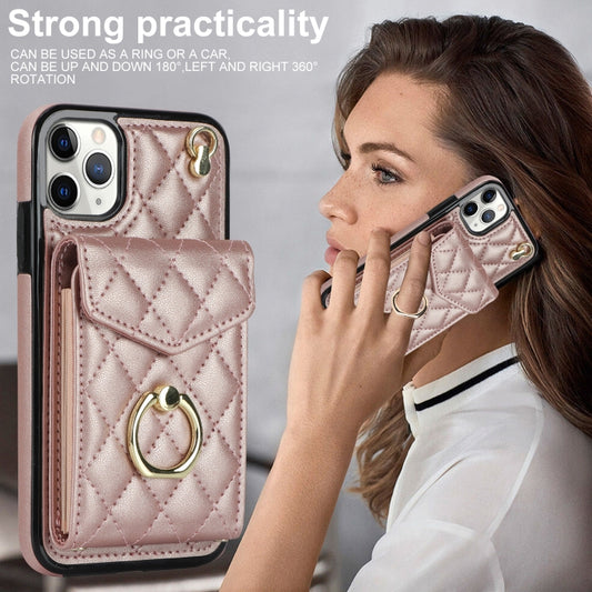 For iPhone 11 Pro Max Rhombic Texture Card Bag Phone Case with Long Lanyard(Rose Gold) - iPhone 11 Pro Max Cases by buy2fix | Online Shopping UK | buy2fix