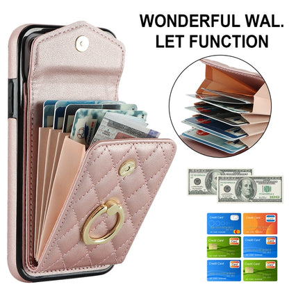 For iPhone 11 Pro Max Rhombic Texture Card Bag Phone Case with Long Lanyard(Rose Gold) - iPhone 11 Pro Max Cases by buy2fix | Online Shopping UK | buy2fix