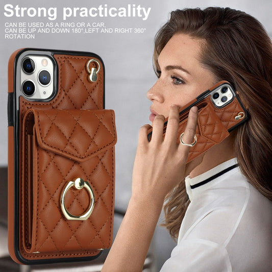 For iPhone 11 Pro Max Rhombic Texture Card Bag Phone Case with Long Lanyard(Brown) - iPhone 11 Pro Max Cases by buy2fix | Online Shopping UK | buy2fix