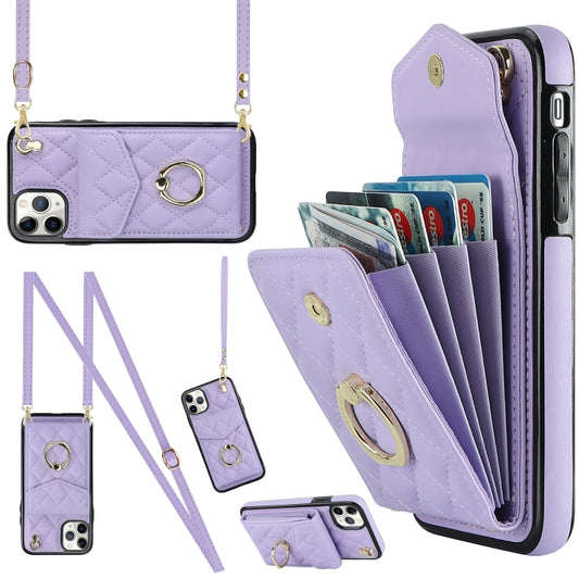 For iPhone 11 Pro Max Rhombic Texture Card Bag Phone Case with Long Lanyard(Light Purple) - iPhone 11 Pro Max Cases by buy2fix | Online Shopping UK | buy2fix