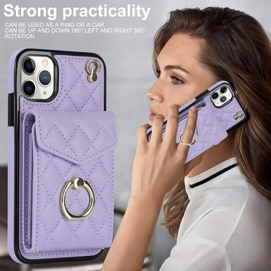 For iPhone 11 Pro Max Rhombic Texture Card Bag Phone Case with Long Lanyard(Light Purple) - iPhone 11 Pro Max Cases by buy2fix | Online Shopping UK | buy2fix