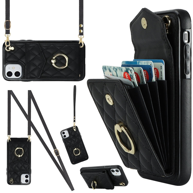For iPhone 11 Rhombic Texture Card Bag Phone Case with Long Lanyard(Black) - iPhone 11 Cases by buy2fix | Online Shopping UK | buy2fix