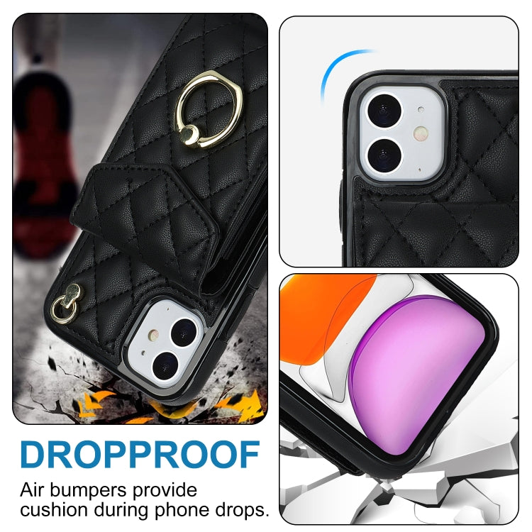 For iPhone 11 Rhombic Texture Card Bag Phone Case with Long Lanyard(Black) - iPhone 11 Cases by buy2fix | Online Shopping UK | buy2fix