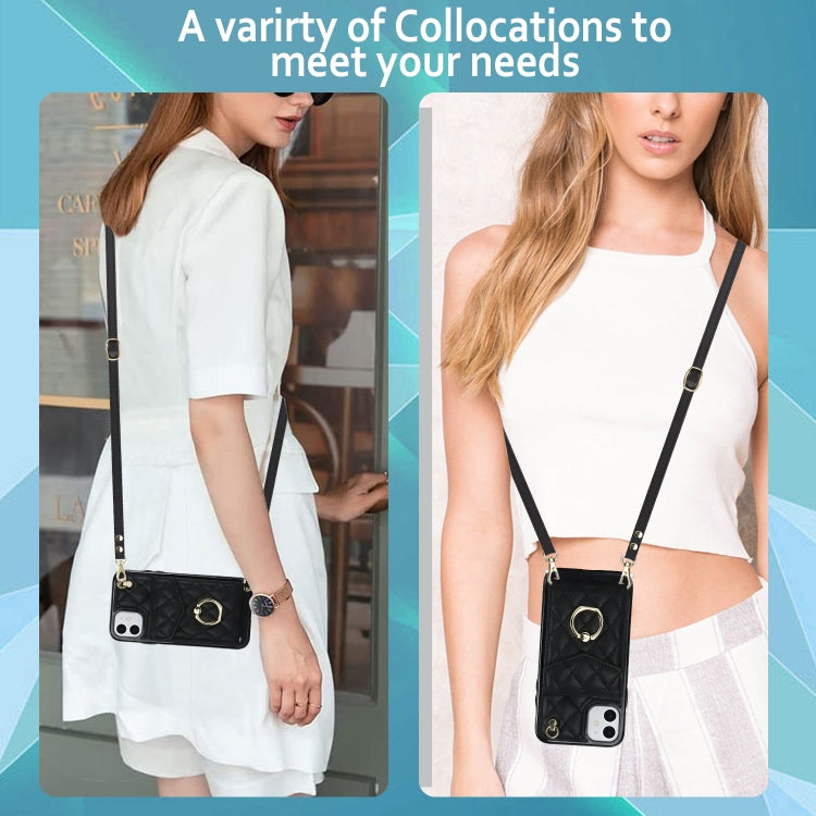 For iPhone 11 Rhombic Texture Card Bag Phone Case with Long Lanyard(Black) - iPhone 11 Cases by buy2fix | Online Shopping UK | buy2fix