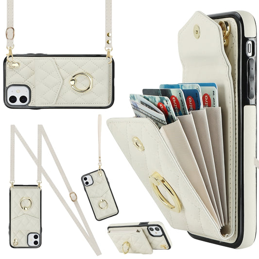 For iPhone 11 Rhombic Texture Card Bag Phone Case with Long Lanyard(White) - iPhone 11 Cases by buy2fix | Online Shopping UK | buy2fix