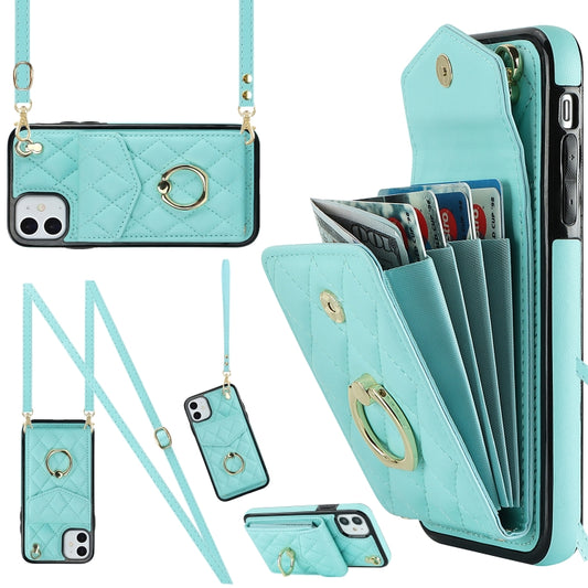 For iPhone 11 Rhombic Texture Card Bag Phone Case with Long Lanyard(Mint Green) - iPhone 11 Cases by buy2fix | Online Shopping UK | buy2fix