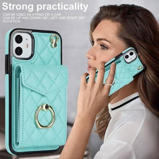 For iPhone 11 Rhombic Texture Card Bag Phone Case with Long Lanyard(Mint Green) - iPhone 11 Cases by buy2fix | Online Shopping UK | buy2fix