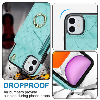 For iPhone 11 Rhombic Texture Card Bag Phone Case with Long Lanyard(Mint Green) - iPhone 11 Cases by buy2fix | Online Shopping UK | buy2fix