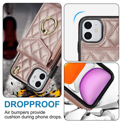 For iPhone 11 Rhombic Texture Card Bag Phone Case with Long Lanyard(Rose Gold) - iPhone 11 Cases by buy2fix | Online Shopping UK | buy2fix