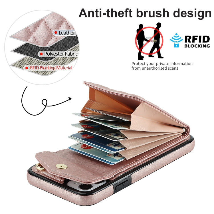 For iPhone 11 Rhombic Texture Card Bag Phone Case with Long Lanyard(Rose Gold) - iPhone 11 Cases by buy2fix | Online Shopping UK | buy2fix