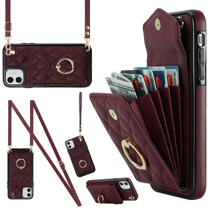 For iPhone 11 Rhombic Texture Card Bag Phone Case with Long Lanyard(Wine Red) - iPhone 11 Cases by buy2fix | Online Shopping UK | buy2fix