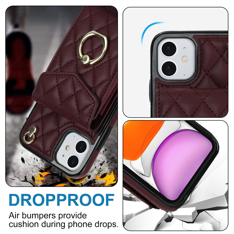 For iPhone 11 Rhombic Texture Card Bag Phone Case with Long Lanyard(Wine Red) - iPhone 11 Cases by buy2fix | Online Shopping UK | buy2fix