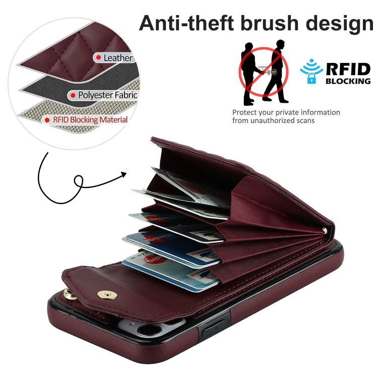 For iPhone 11 Rhombic Texture Card Bag Phone Case with Long Lanyard(Wine Red) - iPhone 11 Cases by buy2fix | Online Shopping UK | buy2fix