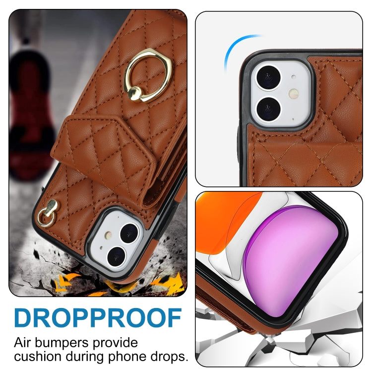 For iPhone 11 Rhombic Texture Card Bag Phone Case with Long Lanyard(Brown) - iPhone 11 Cases by buy2fix | Online Shopping UK | buy2fix