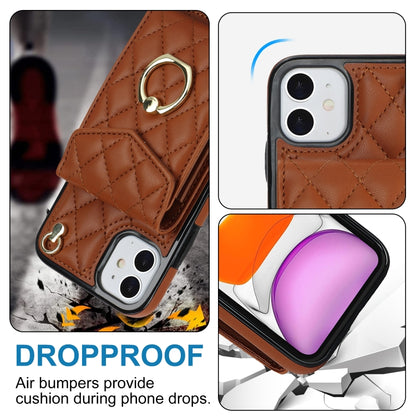 For iPhone 11 Rhombic Texture Card Bag Phone Case with Long Lanyard(Brown) - iPhone 11 Cases by buy2fix | Online Shopping UK | buy2fix