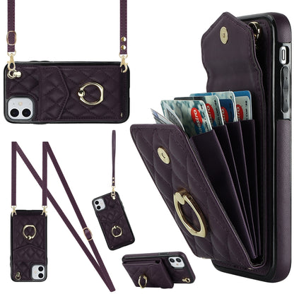 For iPhone 11 Rhombic Texture Card Bag Phone Case with Long Lanyard(Dark Purple) - iPhone 11 Cases by buy2fix | Online Shopping UK | buy2fix
