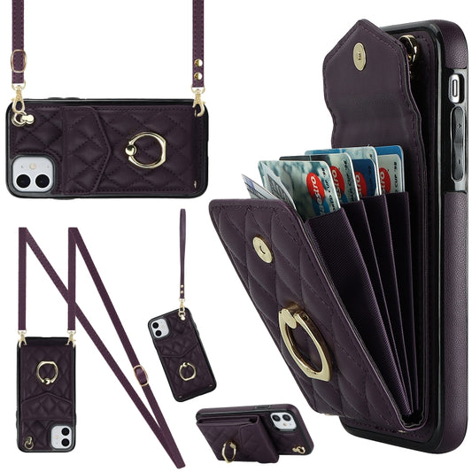 For iPhone 11 Rhombic Texture Card Bag Phone Case with Long Lanyard(Dark Purple) - iPhone 11 Cases by buy2fix | Online Shopping UK | buy2fix