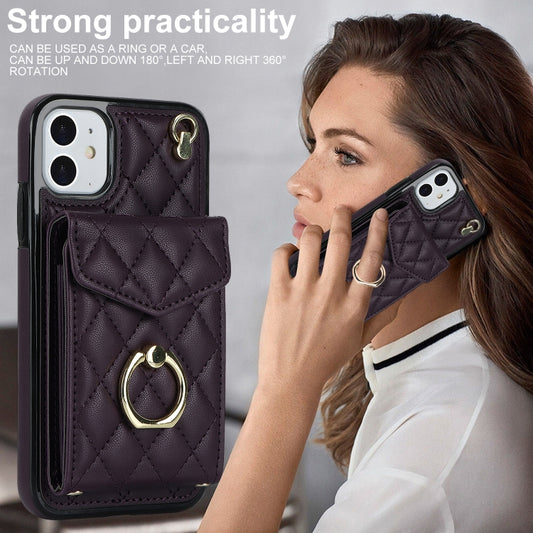 For iPhone 11 Rhombic Texture Card Bag Phone Case with Long Lanyard(Dark Purple) - iPhone 11 Cases by buy2fix | Online Shopping UK | buy2fix