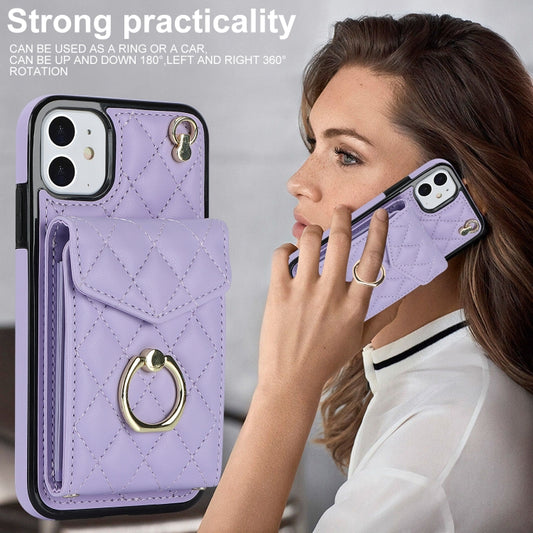 For iPhone 11 Rhombic Texture Card Bag Phone Case with Long Lanyard(Light Purple) - iPhone 11 Cases by buy2fix | Online Shopping UK | buy2fix