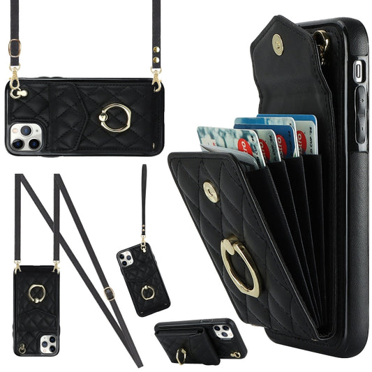 For iPhone 11 Pro Rhombic Texture Card Bag Phone Case with Long Lanyard(Black) - iPhone 11 Pro Cases by buy2fix | Online Shopping UK | buy2fix