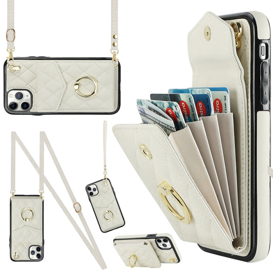 For iPhone 11 Pro Rhombic Texture Card Bag Phone Case with Long Lanyard(White) - iPhone 11 Pro Cases by buy2fix | Online Shopping UK | buy2fix